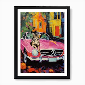 Mercedes Benz Sl Pagoda Vintage Car With A Cat, Matisse Style Painting 2 Art Print