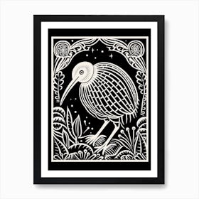 B&W Bird Linocut Kiwi 1 Art Print
