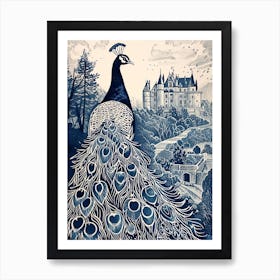 Peacock Blue Linocut Inspired With A Castle In The Background 3 Art Print