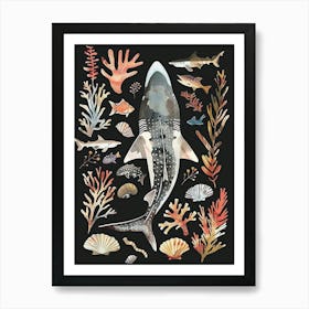 White Tip Reef Shark Seascape Black Background Illustration 2 Art Print