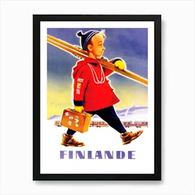 Finland in Winter, Boy With Ski Gears Art Print