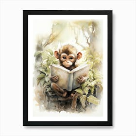 Monkey Painting Reading Watercolour 2 Art Print