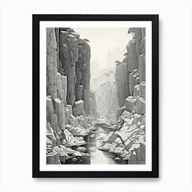 Sounkyo Gorge In Hokkaido, Ukiyo E Black And White Line Art Drawing 4 Art Print