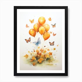 Butterfly Flying With Autumn Fall Pumpkins And Balloons Watercolour Nursery 3 Art Print