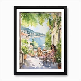 At A Cafe In Kotor Montenegro Watercolour Art Print