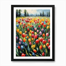 Rainbow of Tulips in the Meadow ~ Spring Oil Painting Vibrant Countryside Summer Landscape Feature Wall Decor - Botanical Art Print