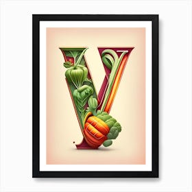 V  For Vegetables, Letter, Alphabet Retro Drawing 4 Art Print