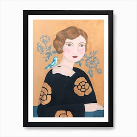 Woman In Black Dress With Bird Art Print