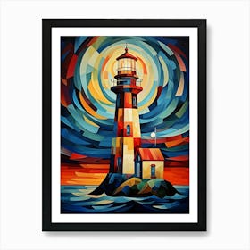 Lighthouse Tower at Sunset, Vibrant Colorful Painting in Cubism Picasso Style Art Print