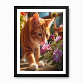 Cute Cat Sniffing Flowers Art Print