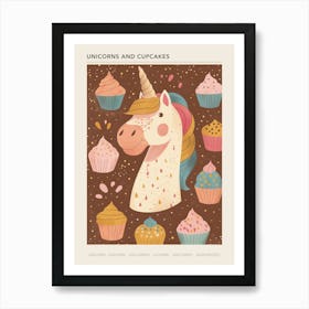 Unicorn With Cupcakes Mocha Muted Pastels 1 Poster Art Print