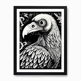 B&W Bird Linocut Vulture 1 Art Print