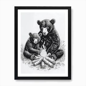 Malayan Sun Bear Sitting Together By A Campfire Ink Illustration 3 Art Print