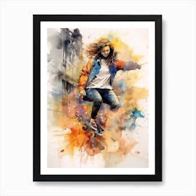 Girl Skateboarding In London, United Kingdom Watercolour 2 Art Print