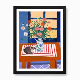 A Painting Of A Still Life Of A Aster With A Cat In The Style Of Matisse 2 Art Print