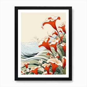 Great Wave With Calla Lily Flower Drawing In The Style Of Ukiyo E 2 Art Print