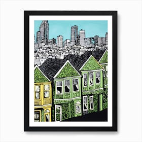 Painted Ladies San Francisco Linocut Illustration Style 4 Art Print