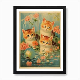 Vintage Cats In A Pond Kitsch Art Print