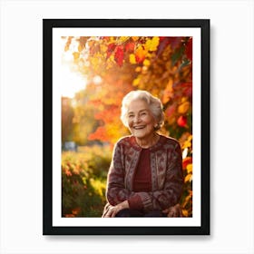 Elderly Woman Smiles Surrounded By A Vibrant Array Of Fall Foliage Golden And Crimson Leaves Frame (5) Art Print