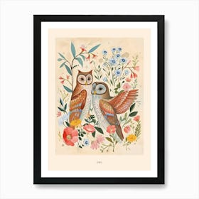 Folksy Floral Animal Drawing Owl Poster Art Print