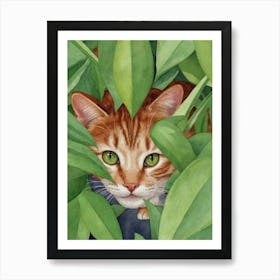 Cat Peeking Out Of Leaves Art Print