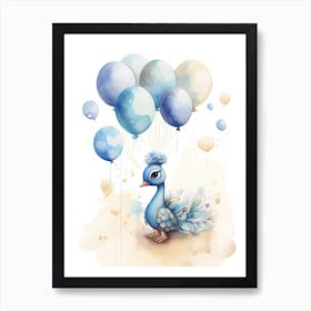 Baby Peacock Flying With Ballons, Watercolour Nursery Art 3 Art Print