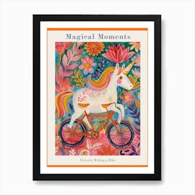 Floral Fauvism Style Unicorn Riding A Bike 2 Poster Art Print