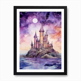 Watercolor Castle At Night Art Print
