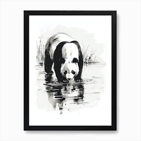 Giant Panda Drinking From A Tranquil Lake Ink Illustration 4 Art Print