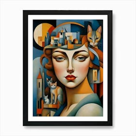 Woman With Cats Art Print