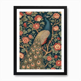 Blue & Red Peacock Vintage Wallpaper Art Print