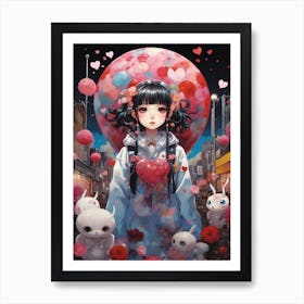 Anime Girl With Heart Shaped Balloons Art Print