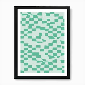 Retro Aesthetic Abstract Geometric Checkerboard in Light Blue and Green Art Print
