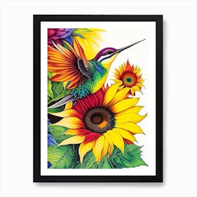 Hummingbird And Sunflower Marker Art Art Print