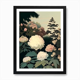 Japanese Peonies In A Garden 2 Vintage Sketch Art Print