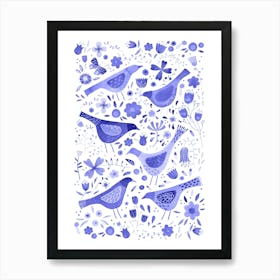 Birds In Wildflowers Blue Watercolor Art Print
