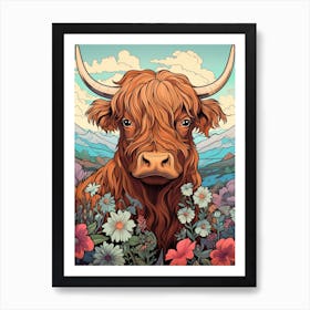 Blue Illustration Of Highland Cow Art Print