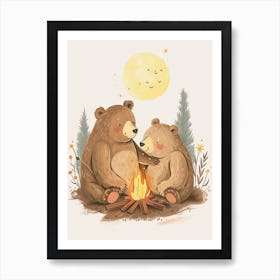 Two Sloth Bears Sitting Together By A Campfire Storybook Illustration 1 Art Print