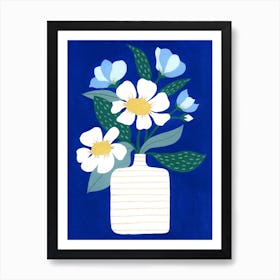 Scandi Flower Vase White Daisies Blue Background Painting Art Print