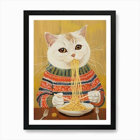 Cosy Cat Pasta Lover Folk Illustration 2 Art Print