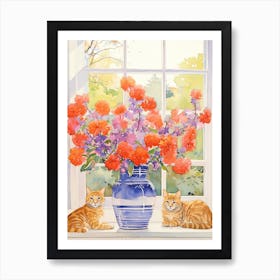 Cat With Azalea Flowers Watercolor Mothers Day Valentines 4 Art Print
