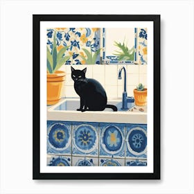 Black Cat In The Kitchen Sink, Mediterranean Style 3 Art Print