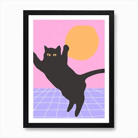 Funny Minimal Black Disco Cat Jumping Art Print