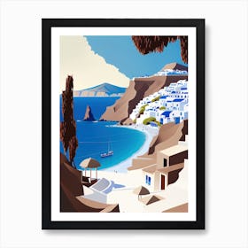 Santorin, Greece - Retro Landscape Beach and Coastal Theme Travel Poster Art Print
