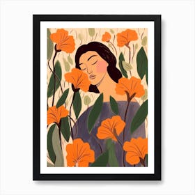 Woman With Autumnal Flowers Morning Glory 2 Art Print