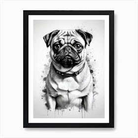 Pug Dog, portrait of pug head only, hand sketched, spiral in the eyes, black and white Art Print