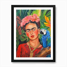 Farbenfrohe Frida Kahlo Mit Papagei Malerei, Florale Malerei Affiche