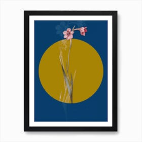 Vintage Botanical Sword Lily on Circle Yellow on Blue Art Print