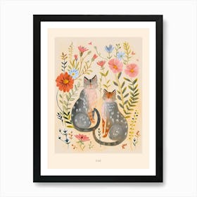 Folksy Floral Animal Drawing Cat 4 Poster Art Print