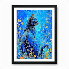 Blue Cat In The Meadow Art Print